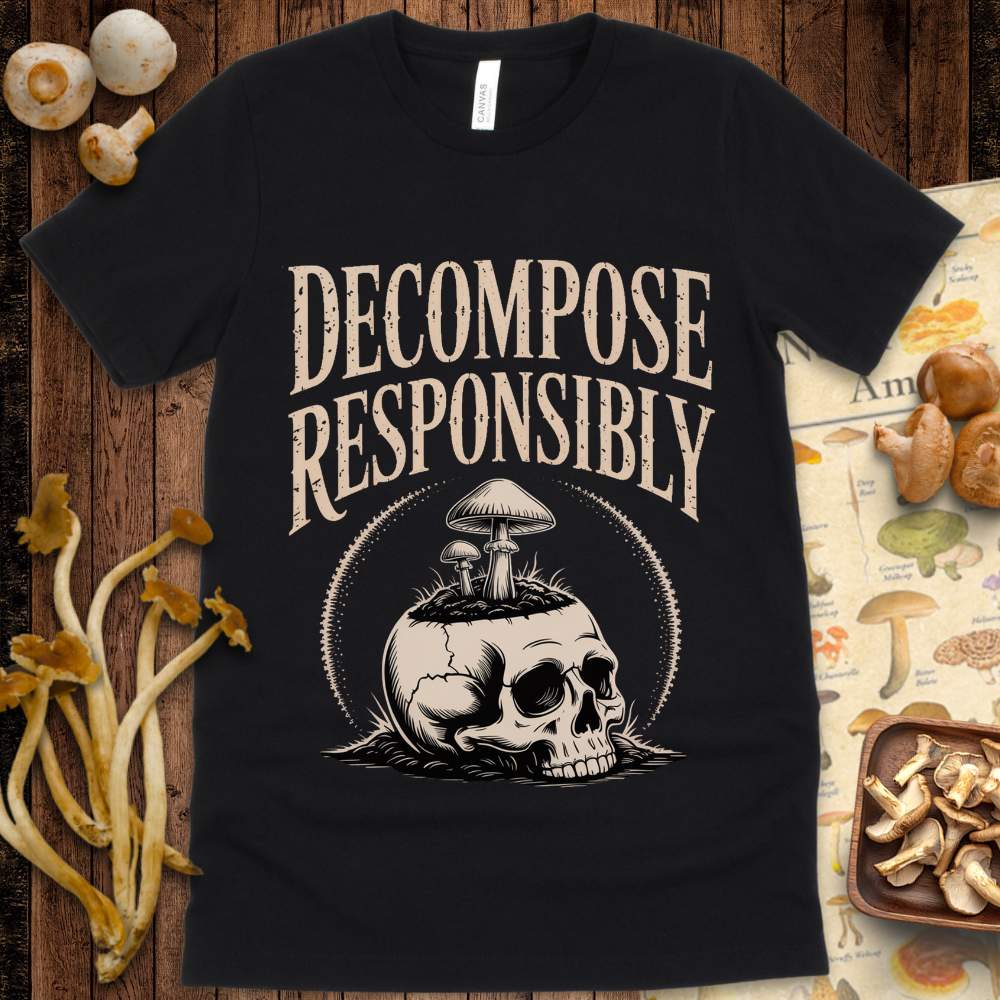 T-shirt with the phrase “Decompose Responsibly” above an illustration of mushrooms growing from a skull in vintage gothic style