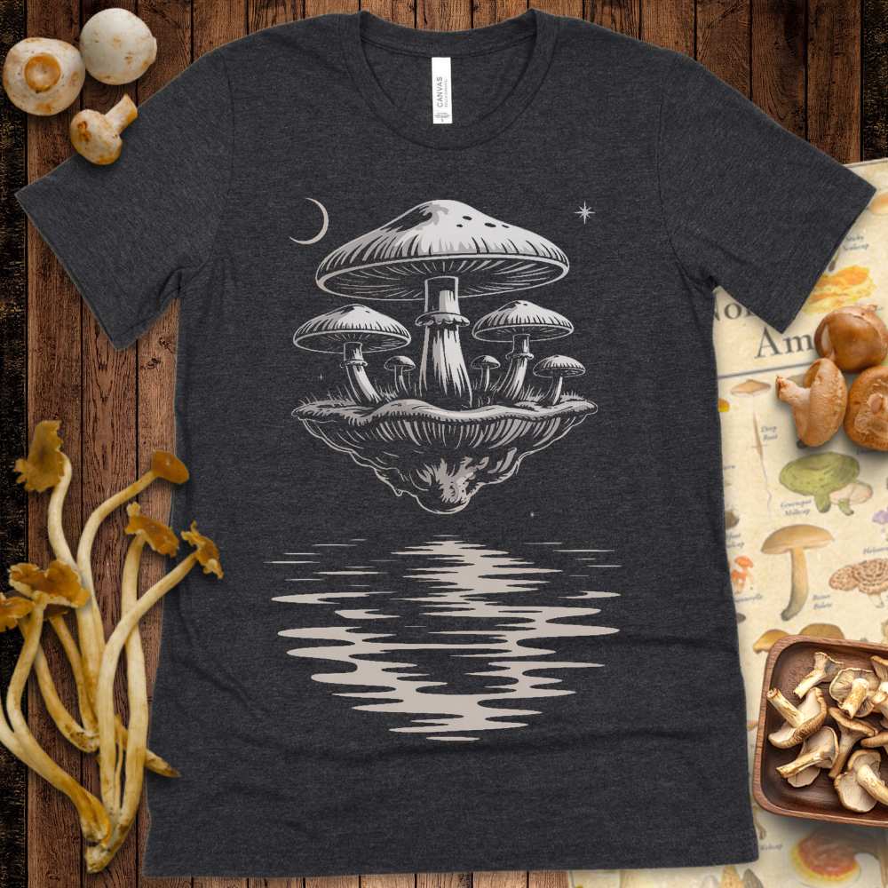 Floating island of mushrooms over water with crescent moon and stars in a mystical fantasy T-shirt design