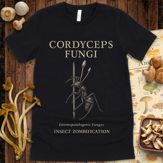 Vintage-style drawing of an ant infected by Cordyceps fungi with fungal stalks emerging, labeled “Insect Zombification”