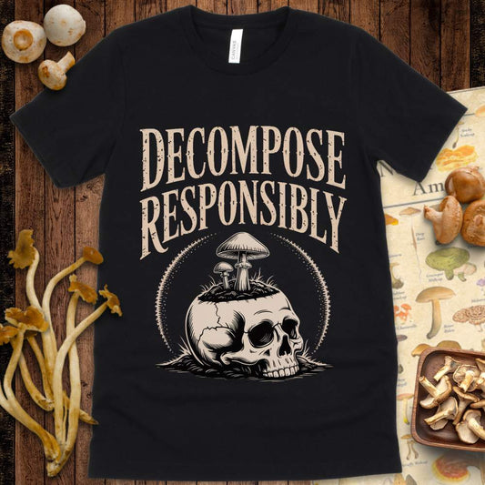 T-shirt with the phrase “Decompose Responsibly” above an illustration of mushrooms growing from a skull in vintage gothic style