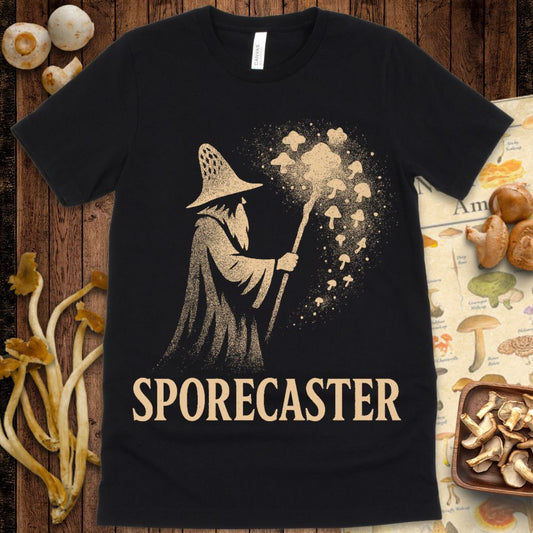 Fantasy wizard casting glowing mushrooms from a staff with “Sporecaster” text – perfect for D&D and tabletop RPG fans