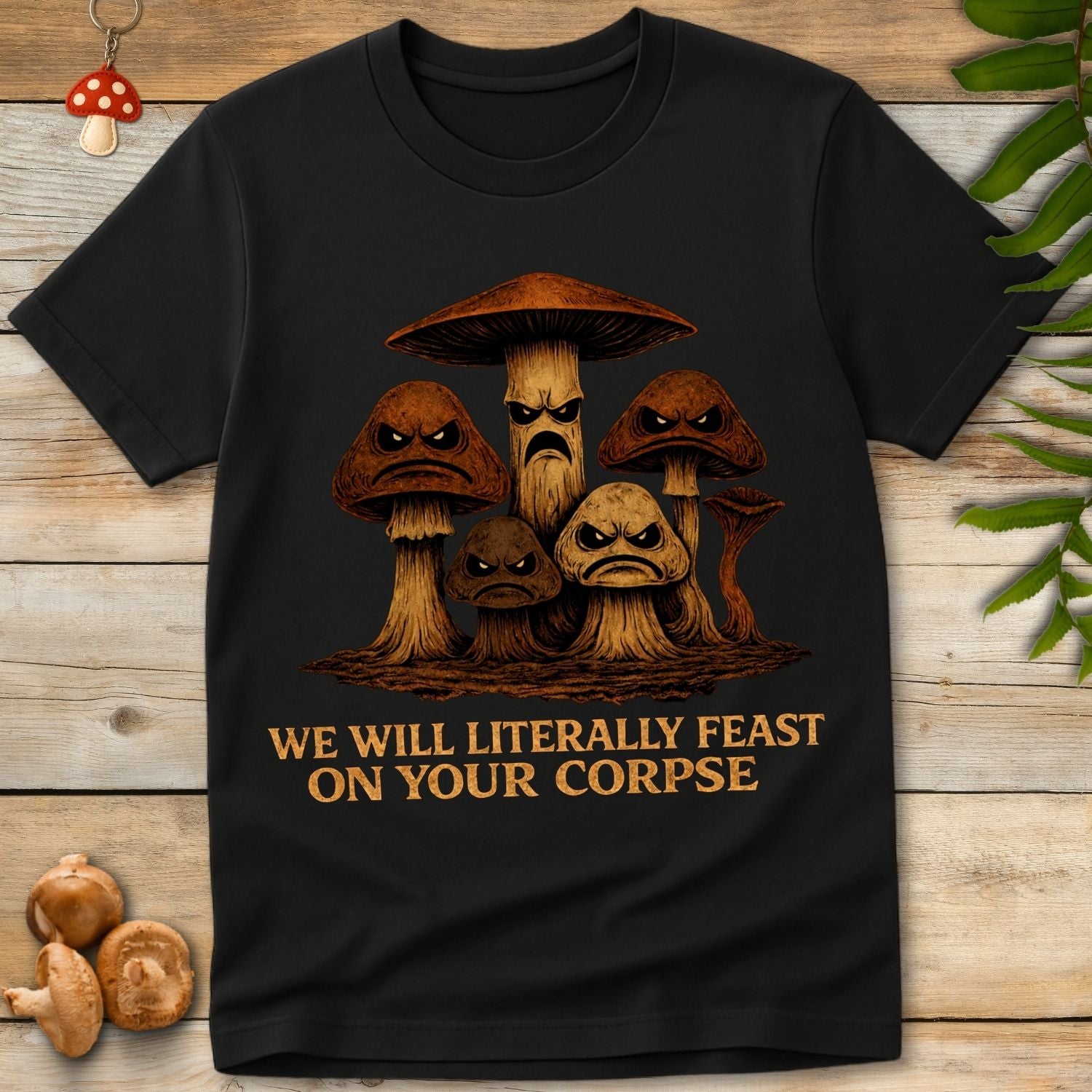 Group of angry cartoon mushrooms with intense expressions and the phrase “we will literally feast on your corpse” in a dark illustrated style