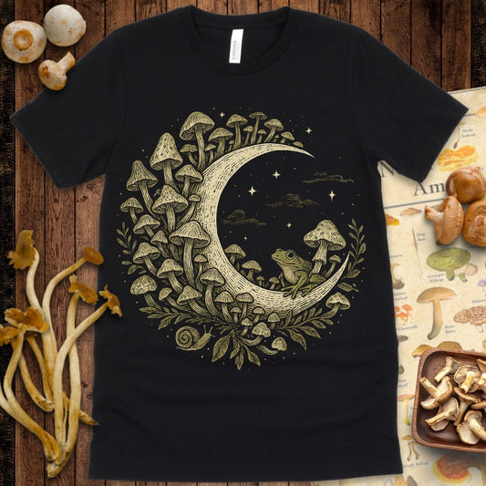 Whimsical illustration of a crescent moon surrounded by mushrooms, a frog, snail, leaves, stars, and clouds on a textured gray background