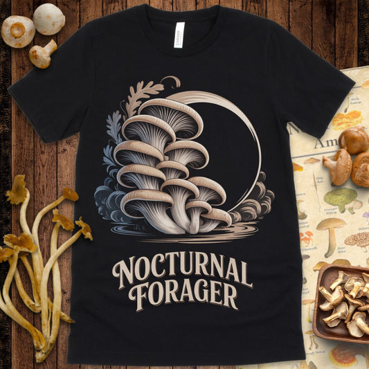 Illustrated cluster of oyster mushrooms under a crescent moon with forest leaves and the phrase “Nocturnal Forager” in stylized vintage text
