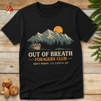 T-shirt design with mountain sunset, pine forest, and a mushroom basket featuring the text “Out of Breath Foragers Club – Don’t Worry, I’ll Catch Up”