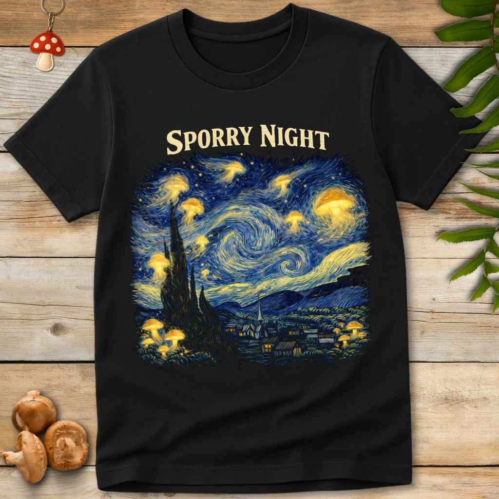 Artistic swirling night sky with glowing mushrooms floating above a village landscape, parody art design titled “Sporry Night.”
