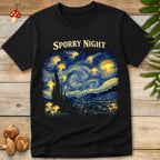 Artistic swirling night sky with glowing mushrooms floating above a village landscape, parody art design titled “Sporry Night.”