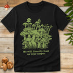 Illustration of green mushrooms with a snail and the caption “We will literally feast on your corpse” in a humorous, dark eco-themed design.