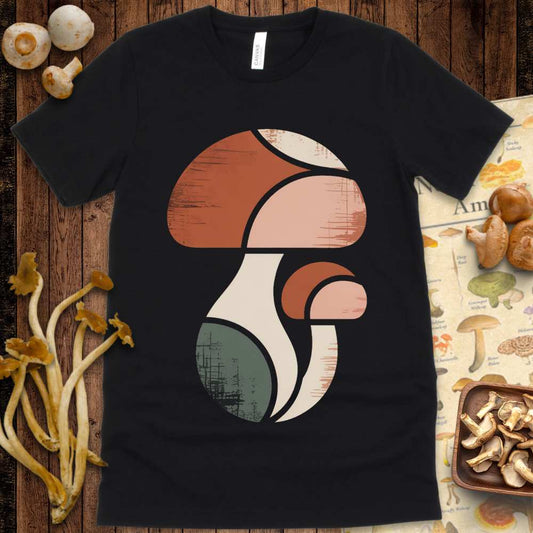 Abstract geometric mushroom duo in earthy mid-century colors on a graphic tee