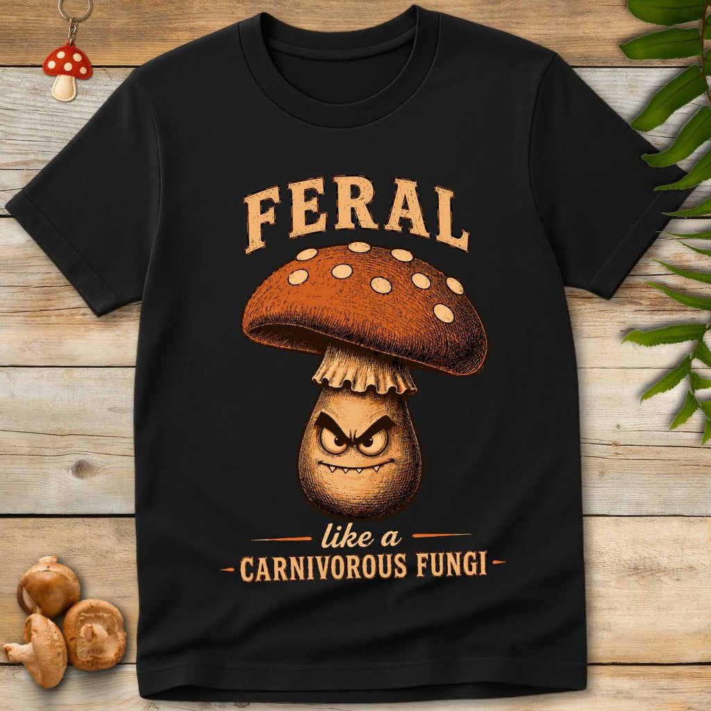 Vintage-style angry mushroom character with fangs beneath the phrase "Feral Like a Carnivorous Fungi" on a black background.