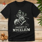 Illustration of an ant infected with cordyceps fungus, mushrooms sprouting from its body, with the caption “Property of Mycelium” beneath twisted root graphics.