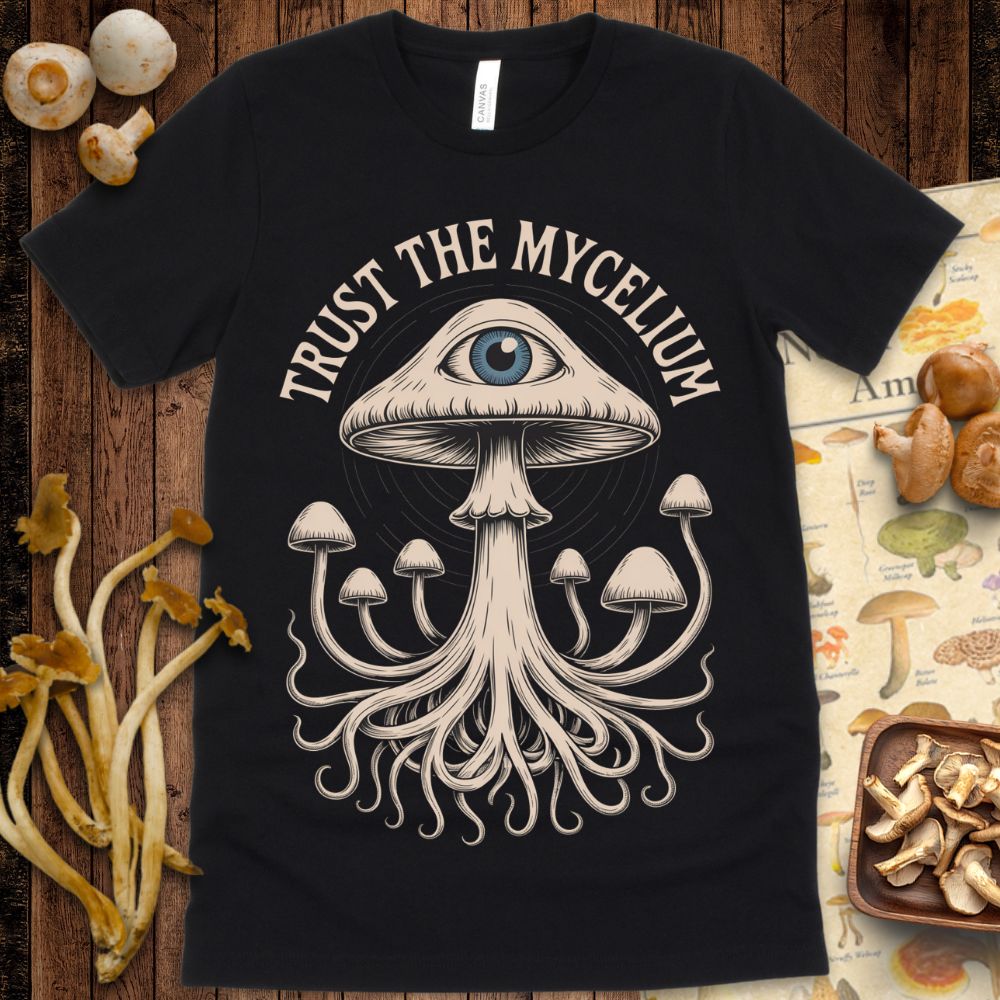 Psychedelic mushroom with an all-seeing eye cap and radiating mycelium tentacles, surrounded by the text "Trust the Mycelium."