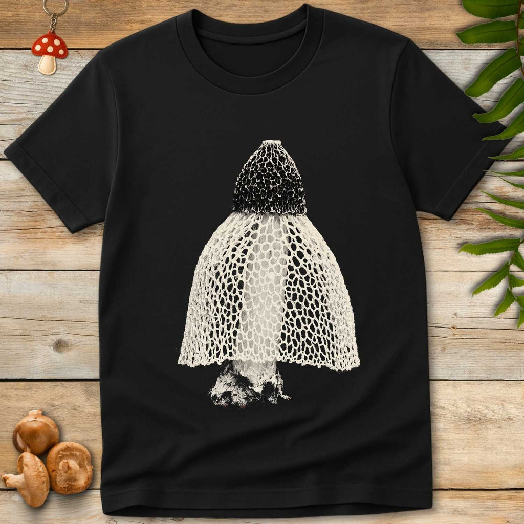 Grunge-style illustration of Phallus indusiatus mushroom with dark textured cap and lace-like skirt on a black background