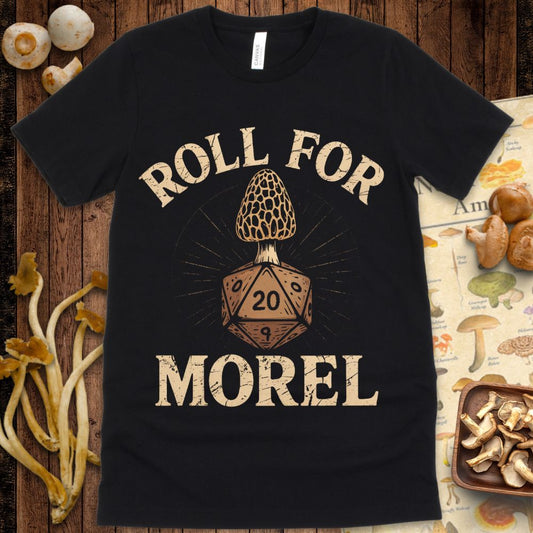 Morel mushroom growing from a D20 die with “Roll for Morel” text, punny D&D fantasy design for RPG players