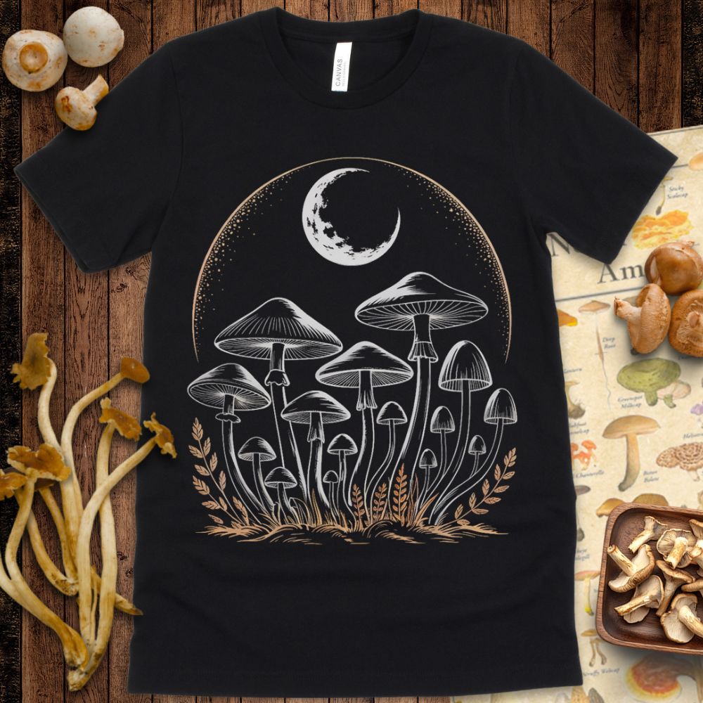Illustration of a cluster of mushrooms growing beneath a crescent moon, framed by a golden arch and leaves on a black background