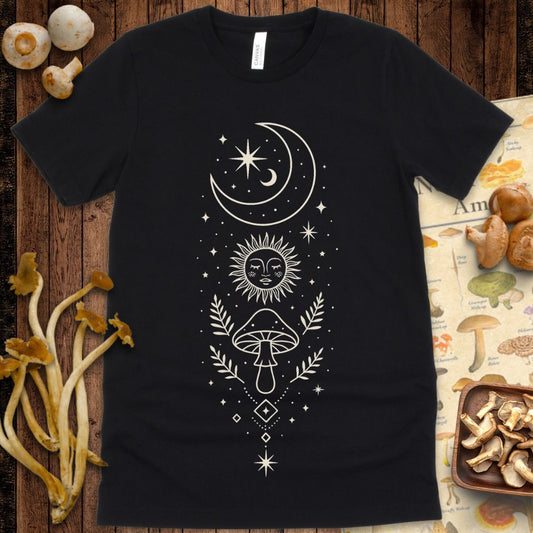 Vertical mystical design of a crescent moon, radiant sun face, mushroom, leaves, and celestial stars in a clean white line style on black background.