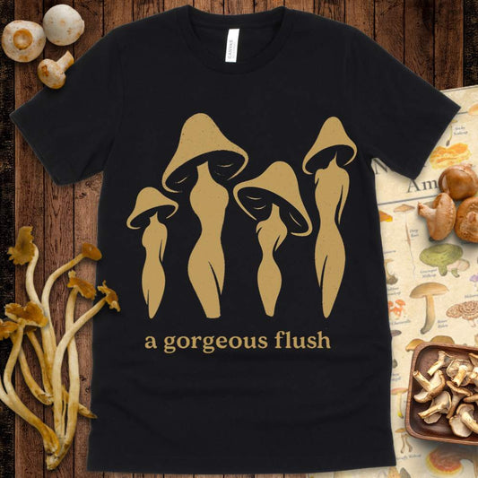 Gorgeous Flush Tee featuring artistic female silhouettes with mushroom caps, a stylish mushroom-themed design.