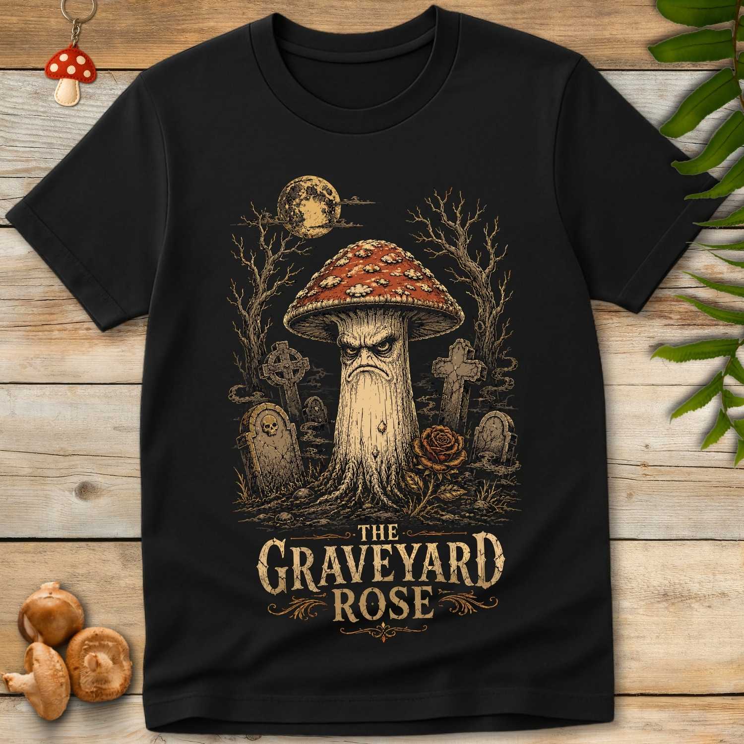 Vintage-style illustration of a stern red-capped mushroom standing in a moonlit graveyard with tombstones, twisted trees, and a blooming graveyard rose.