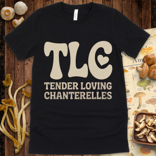 Retro text “TLC” with a heart in the letter C and the phrase “Tender Loving Chanterelles” in bold block letters