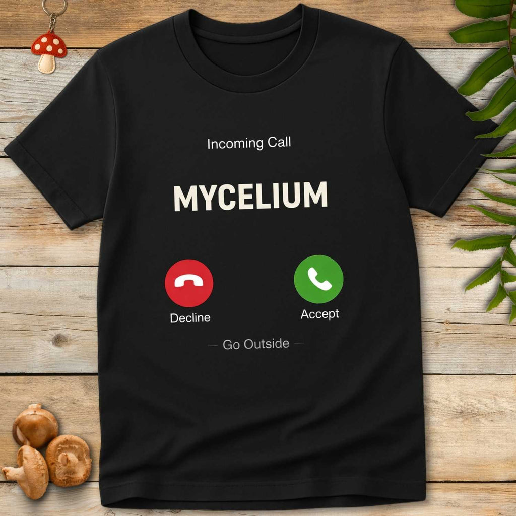 Minimalist phone screen style design reading “Incoming Call Mycelium – Go Outside” with accept and decline icons