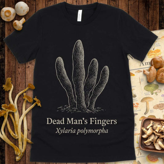 Illustration of Dead Man’s Fingers (Xylaria polymorpha) fungus with vintage-style label on a textured gray t-shirt design