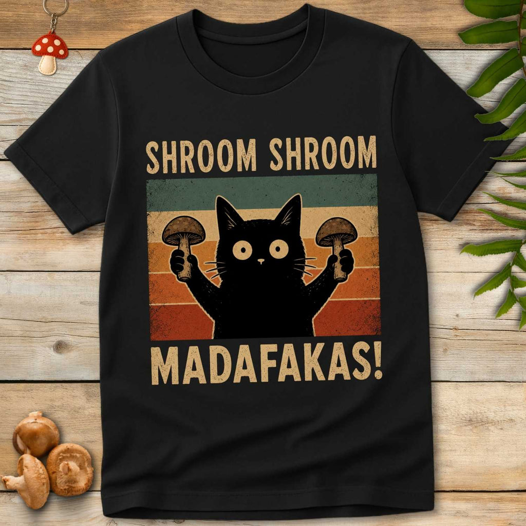 Shroom Shroom Tee featuring a black cat holding mushrooms with retro vintage sunset stripes and funny mushroom humor text.