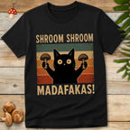Shroom Shroom Tee featuring a black cat holding mushrooms with retro vintage sunset stripes and funny mushroom humor text.