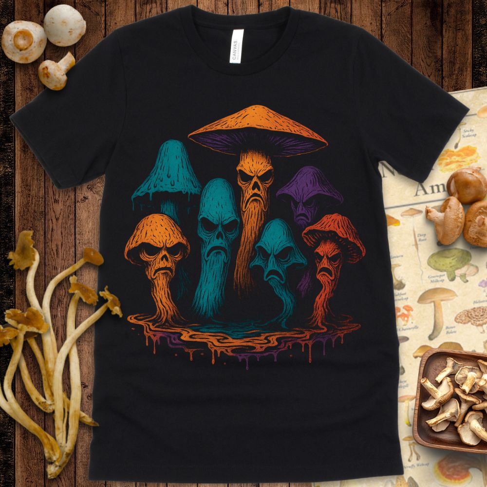 Group of angry, creepy cartoon mushrooms with melting stems and menacing faces in psychedelic colors on a gritty background.