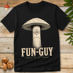 Vintage-style illustration of a grumpy cartoon mushroom with a bored expression above the words "UNFUN-GUY" on a black background.