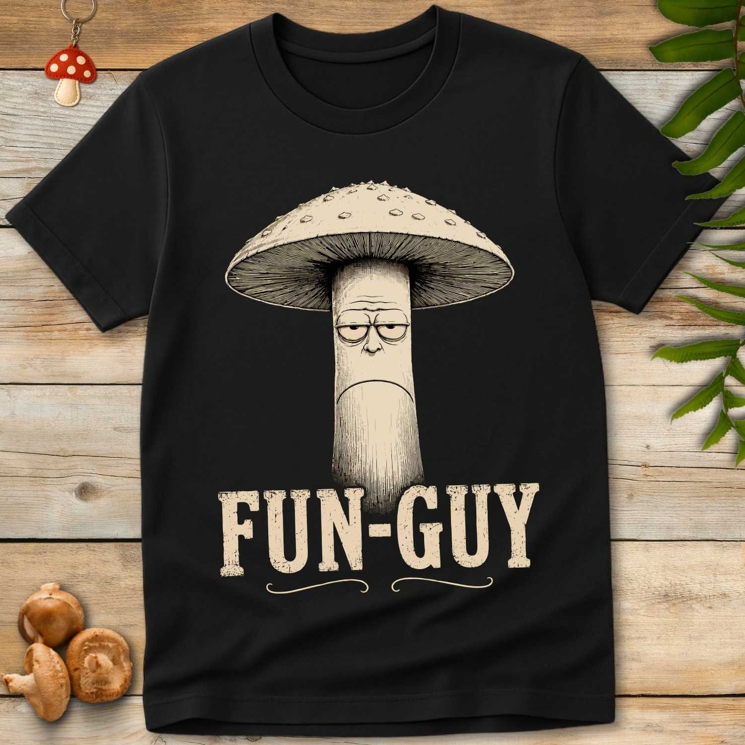 Vintage-style illustration of a grumpy cartoon mushroom with a bored expression above the words "UNFUN-GUY" on a black background.