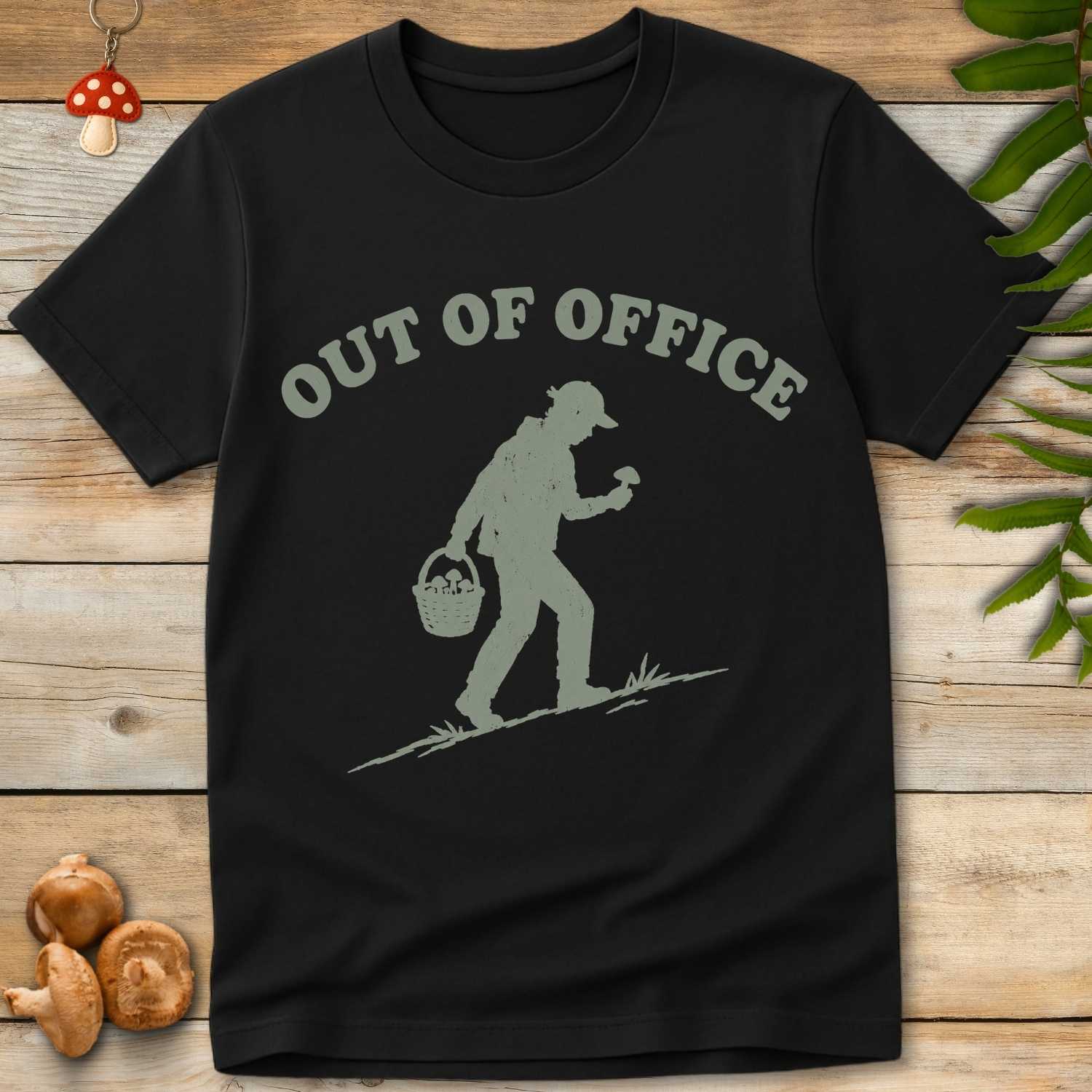 Out Of Office Tee featuring a vintage silhouette of a mushroom forager carrying a basket of mushrooms with rustic outdoor forest vibes.