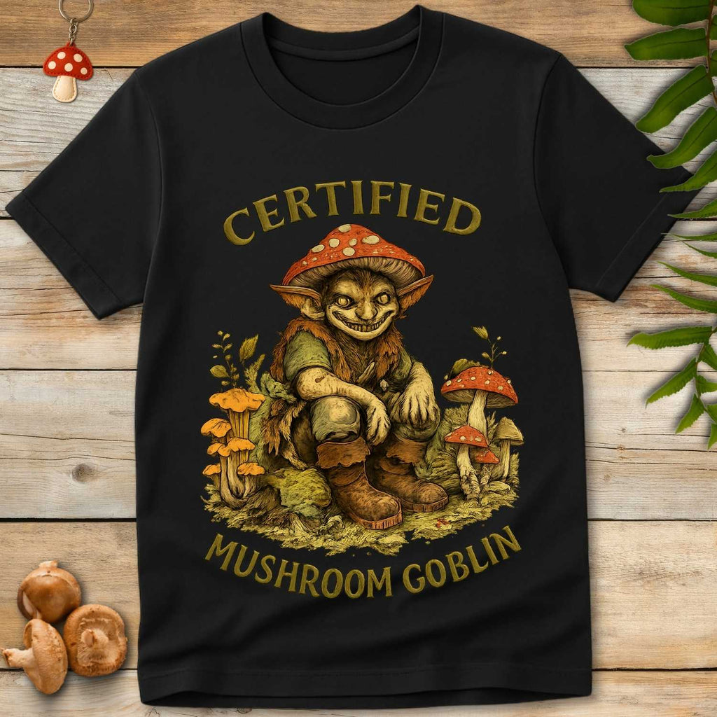Illustration of a mischievous goblin in a mushroom hat with text “Certified Mushroom Goblin” surrounded by forest fungi