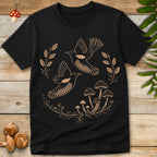 Folk-style illustration of two birds in flight surrounded by leaves and mushrooms in a woodland nature design.