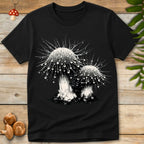 Grunge-style illustration of glowing Mycena mushrooms with dripping textures and spiky halo details on a black background