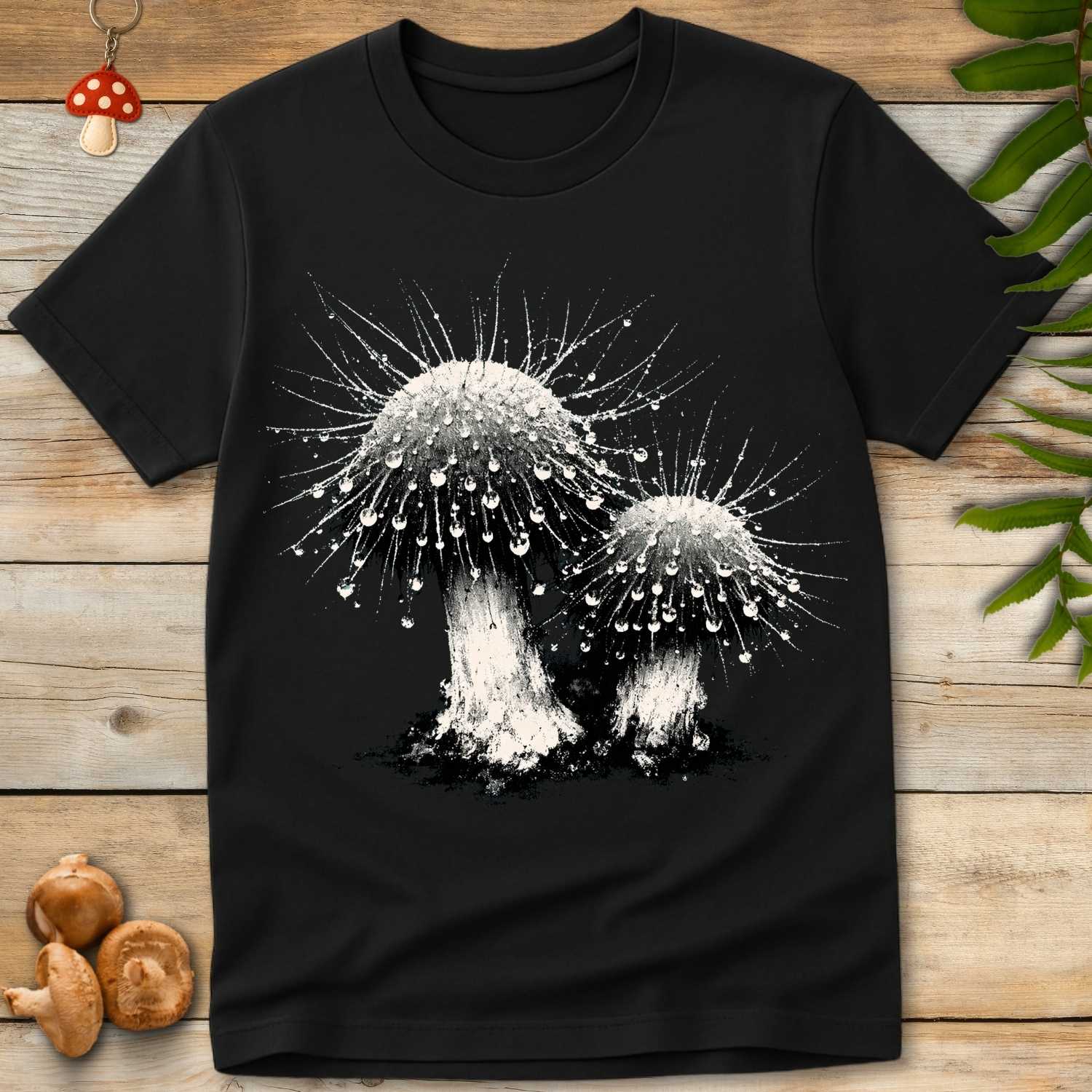 Grunge-style illustration of glowing Mycena mushrooms with dripping textures and spiky halo details on a black background