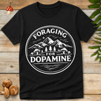 Vintage circular badge design reading “Foraging for Dopamine” with mountains, pine trees, and mushrooms.