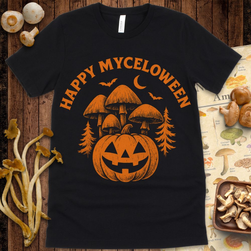 Vintage-style Halloween design of a jack-o’-lantern with mushrooms growing from it, surrounded by pine trees, bats, and the phrase "Happy Myceloween" in bold orange.