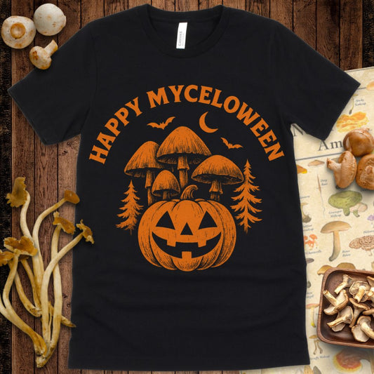 Vintage-style Halloween design of a jack-o’-lantern with mushrooms growing from it, surrounded by pine trees, bats, and the phrase "Happy Myceloween" in bold orange.