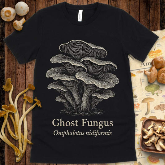 Detailed vintage illustration of Ghost Fungus (Omphalotus nidiformis) with classic serif text on a dark textured background
