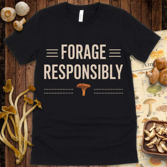 Minimalist t-shirt design with the phrase “Forage Responsibly” and an orange chanterelle mushroom centered between decorative lines