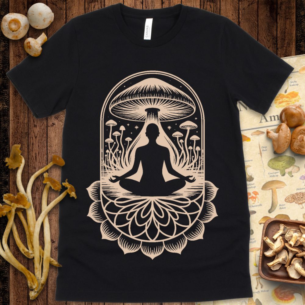 Silhouette of a person in Lotus Pose meditating beneath a giant psychedelic mushroom, surrounded by smaller mushrooms and sacred lotus geometry