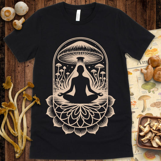 Silhouette of a person in Lotus Pose meditating beneath a giant psychedelic mushroom, surrounded by smaller mushrooms and sacred lotus geometry