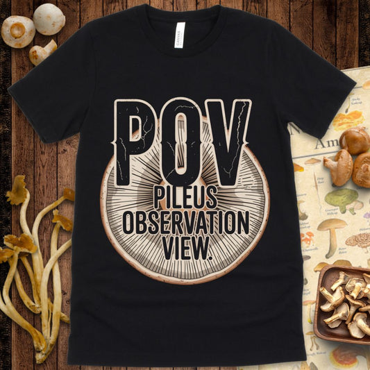 Mushroom gill view design with distressed “POV” text and caption “Pileus Observation View” overlayed on realistic mushroom cap illustration
