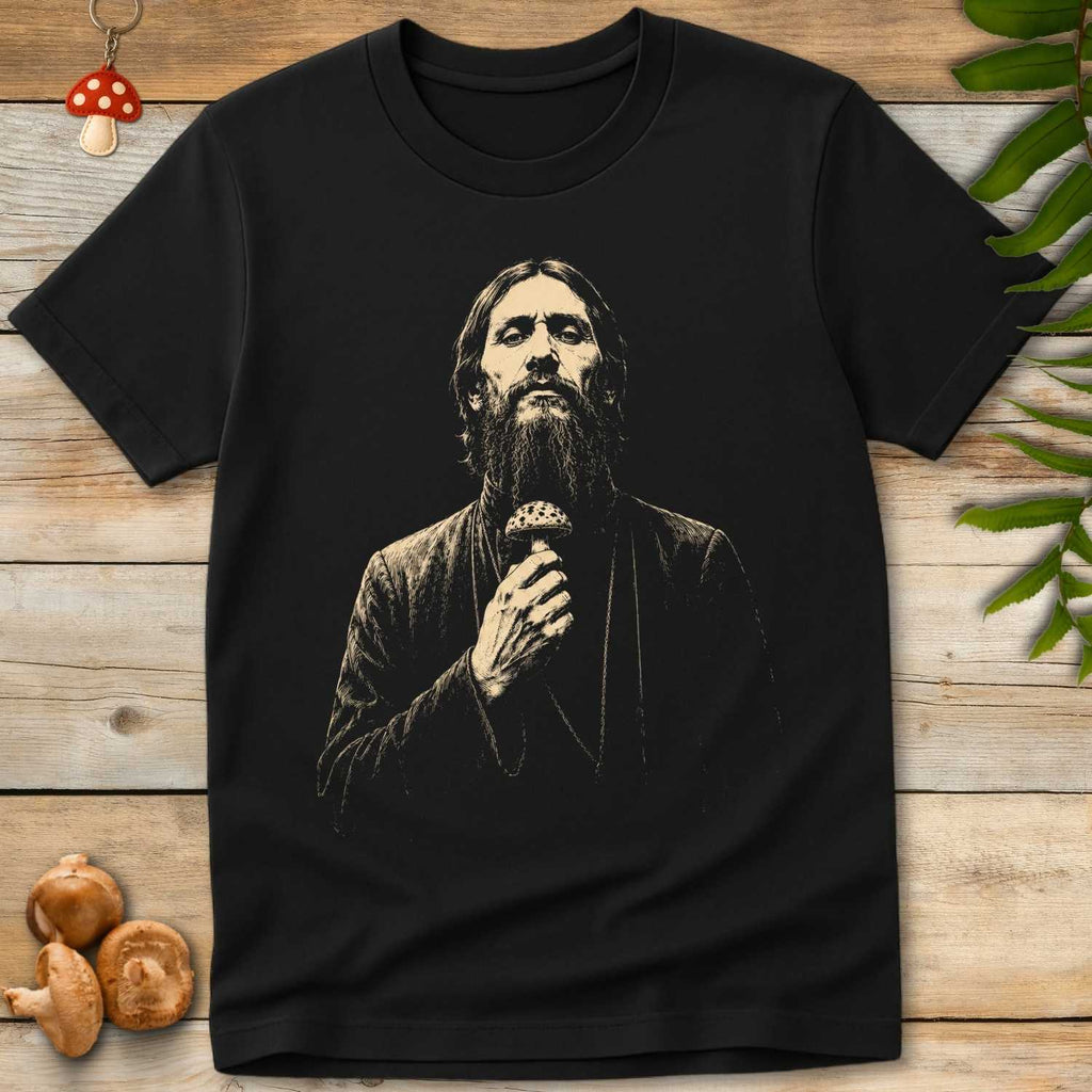 Vintage-style illustration of Rasputin holding a spotted mushroom on a black background graphic t-shirt design.