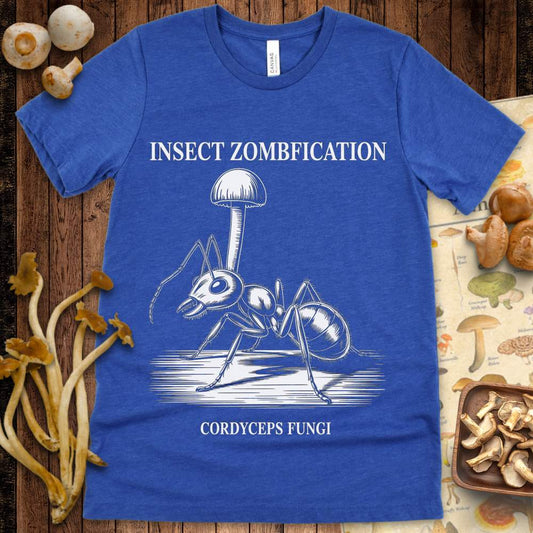 Black and white illustration of ant infected by Cordyceps fungi with a mushroom growing from its head, labeled “Insect Zombification”