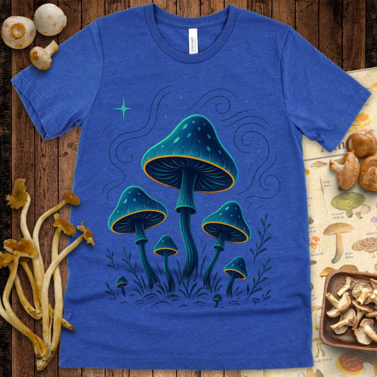 Glowing teal and orange mushrooms with a starry sky and swirling patterns in a fantasy forest setting