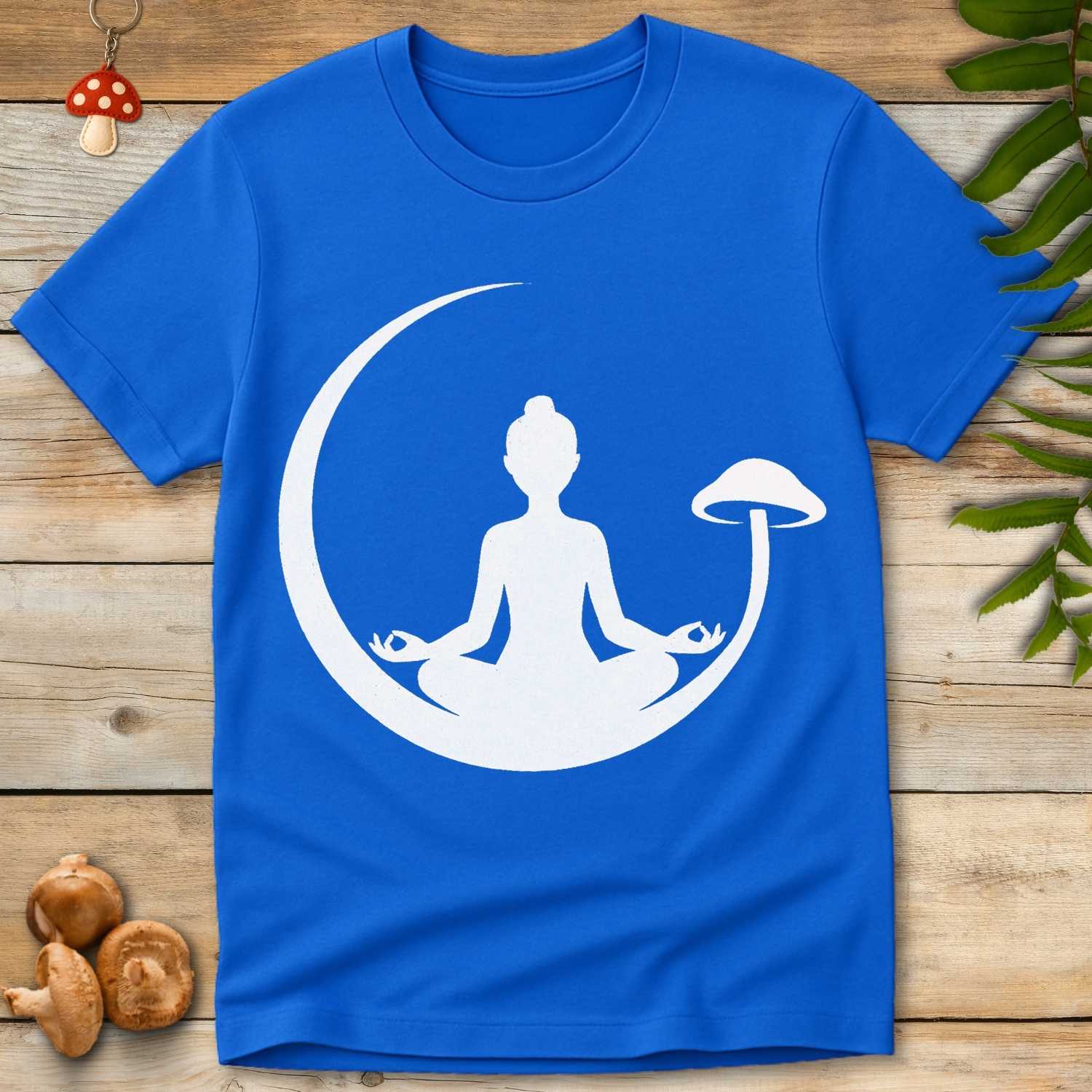 Minimalist white silhouette of a person meditating in a lotus pose inside a crescent moon with a small mushroom growing along the moon curve.