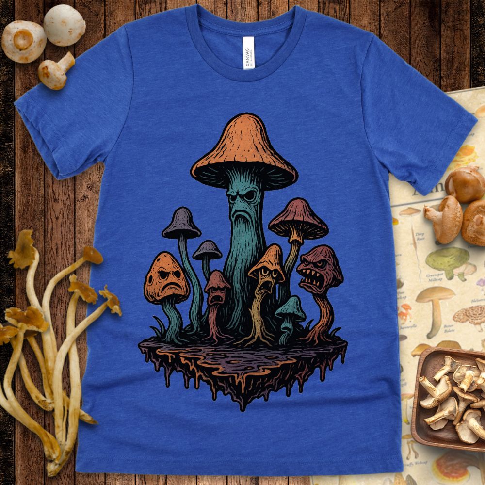 Cartoon illustration of angry, expressive mushrooms with bold colors and gritty texture on a floating platform.