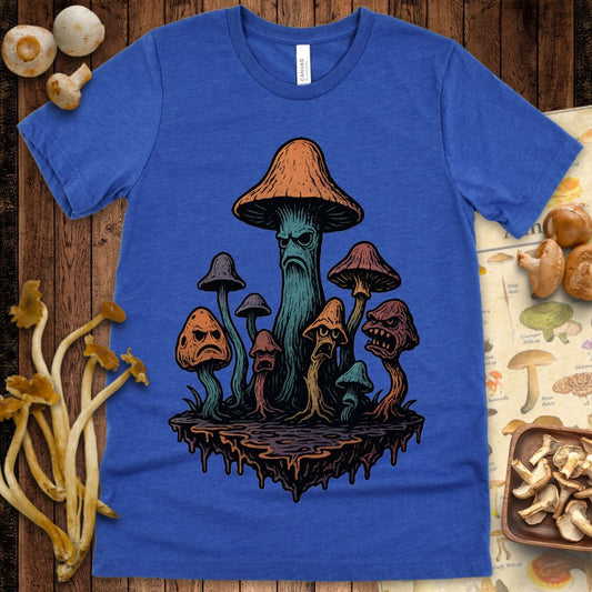 Cartoon illustration of angry, expressive mushrooms with bold colors and gritty texture on a floating platform.