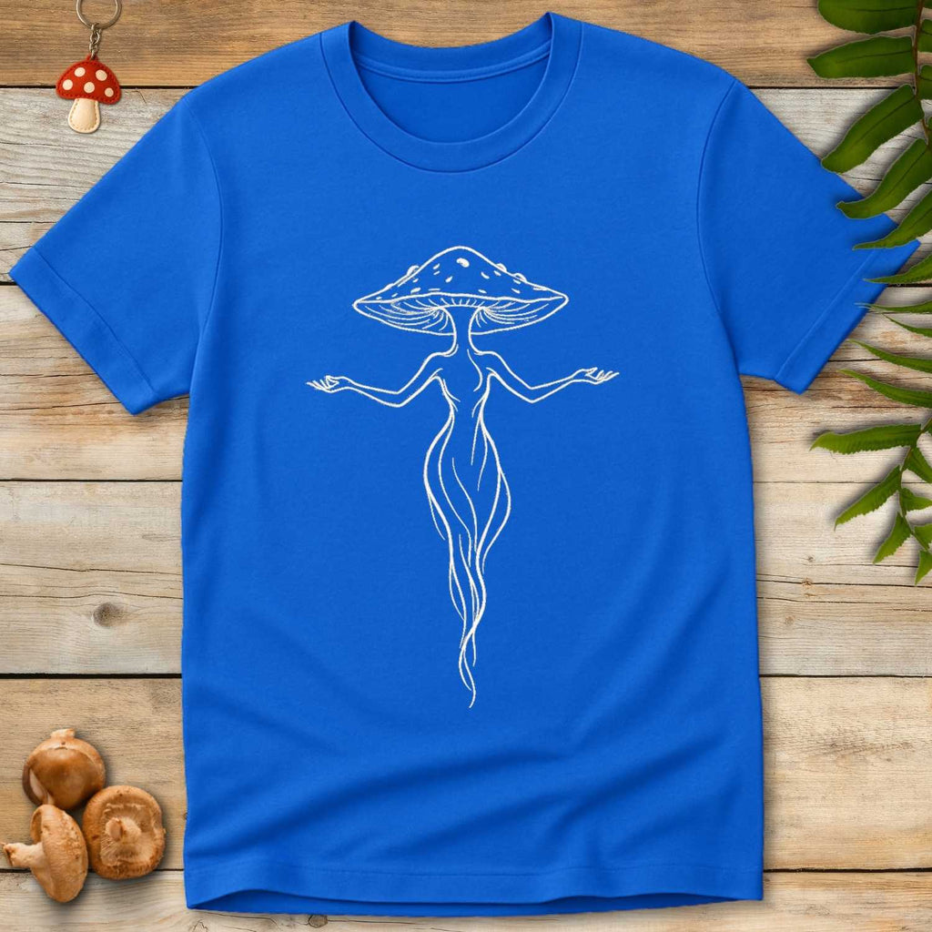 Minimal line art illustration of a feminine forest spirit figure with a mushroom cap head and flowing root-like body.